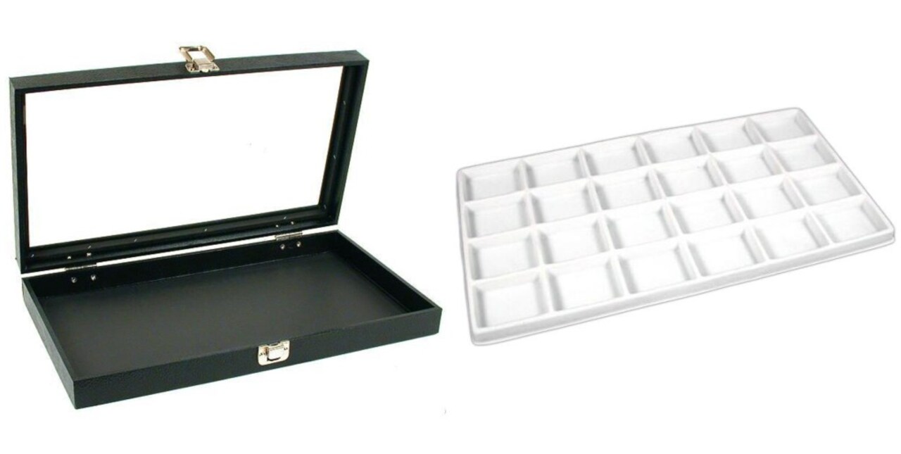 Black Glass Top Jewelry Case w/ 1 White 24-slot Plastic Tray(Single metal latch)